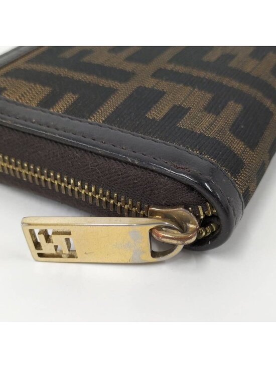 FENDI Zucca Blue Brown Canvas Leather Bifold Long Wallet  Fendi Zip Around Wallet Canvas Brown
